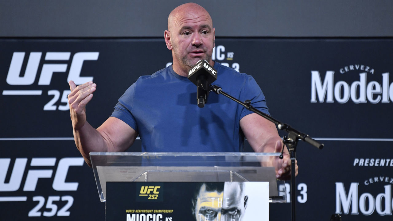 LAS VEGAS, NEVADA - AUGUST 13: UFC president Dana White interacts with media during the UFC 252 press conference at UFC APEX on August 13, 2020 in Las Vegas, Nevada.