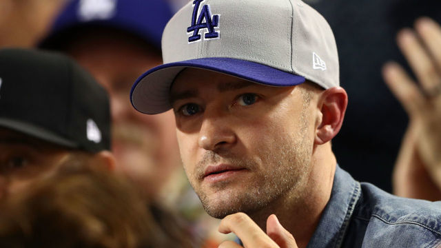 LOS ANGELES, CA - OCTOBER 25: Justin Timberlake cheers during Game 2 of the 2017 World Series between the Houston Astros and the Los Angeles Dodgers at Dodger Stadium on Wednesday, October 25, 2017 in Los Angeles, California.