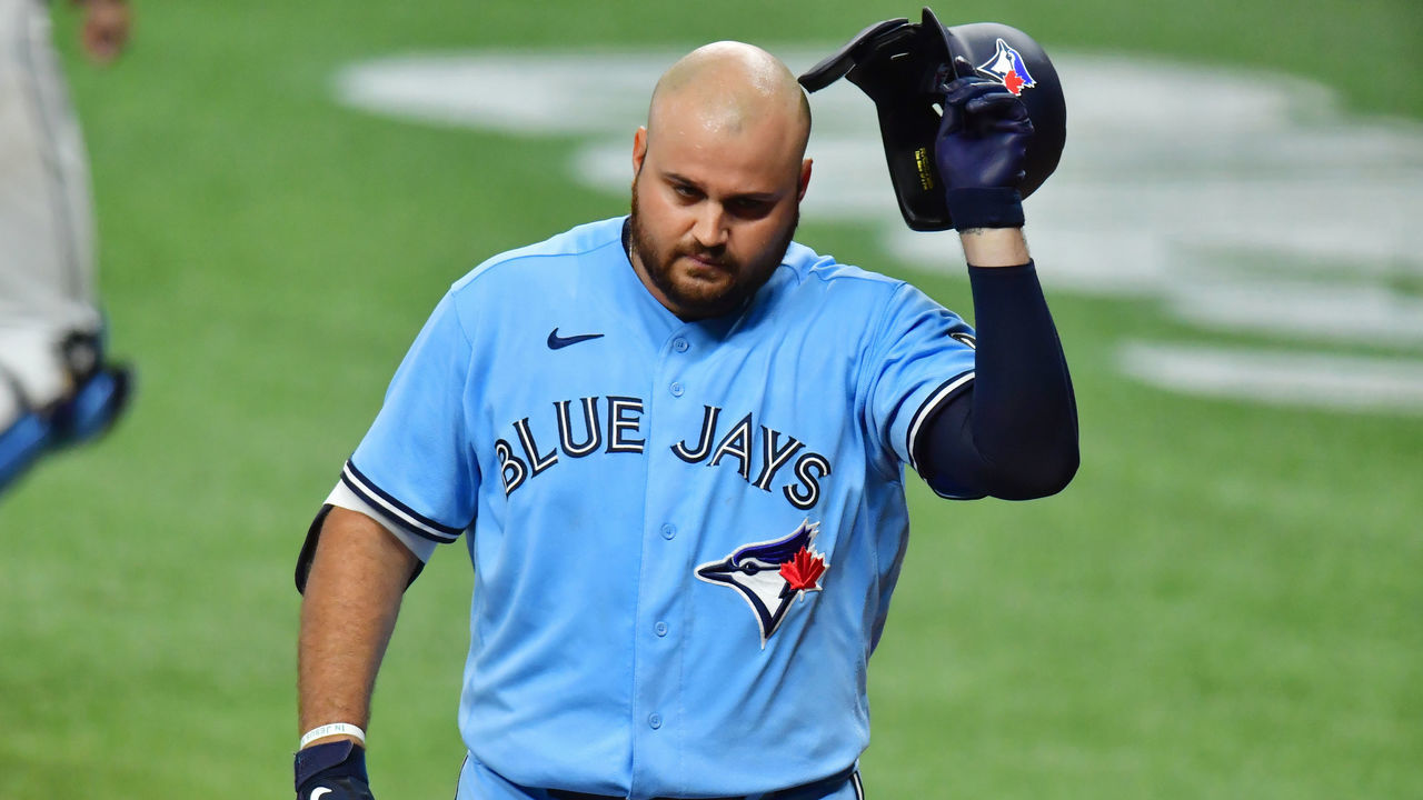 ST PETERSBURG, FLORIDA - AUGUST 22: Rowdy Tellez #44 of the Toronto Blue Jays reacts after grounding out during the eighth inning against the Tampa Bay Rays at Tropicana Field on August 22, 2020 in St Petersburg, Florida.