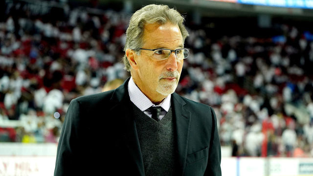 RALEIGH, NC - OCTOBER 12: Head coach John Tortorella of the Columbus Blue Jackets leaves the ice following the first period of action during an NHL game against the Carolina Hurricanes on October 12, 2019 at PNC Arena in Raleigh North Carolina.