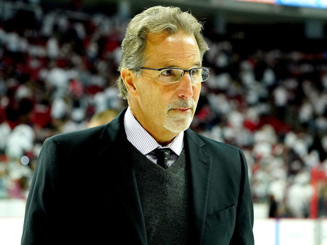 RALEIGH, NC - OCTOBER 12: Head coach John Tortorella of the Columbus Blue Jackets leaves the ice following the first period of action during an NHL game against the Carolina Hurricanes on October 12, 2019 at PNC Arena in Raleigh North Carolina.