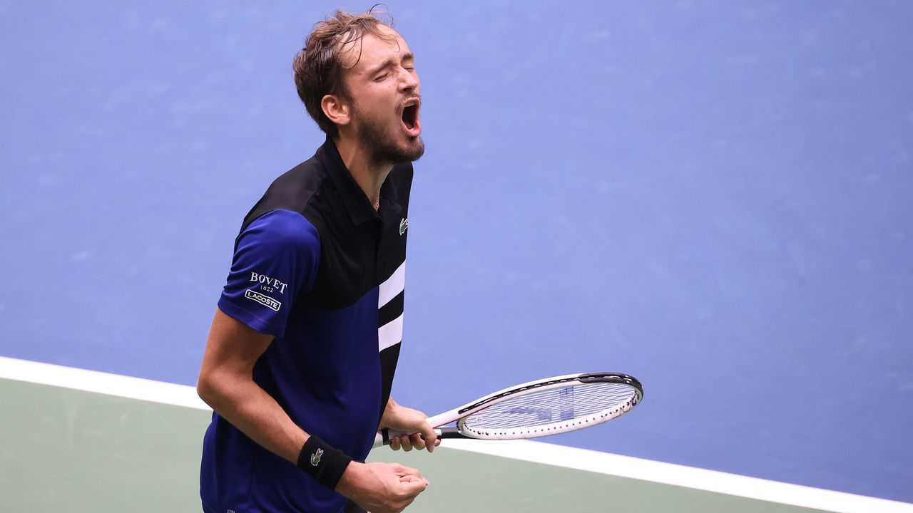 NEW YORK, NEW YORK - SEPTEMBER 09: Daniil Medvedev of Russia celebrates winning match point during his Men's Singles quarterfinal match against Andrey Rublev of Russia on Day Ten of the 2020 US Open at the USTA Billie Jean King National Tennis Center on September 9, 2020 in the Queens borough of New York City.