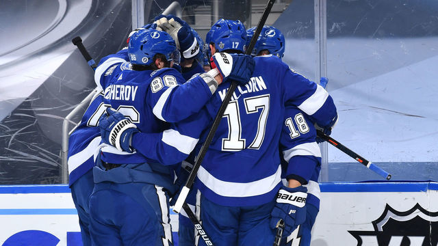 EDMONTON, ALBERTA - SEPTEMBER 07: Brayden Point #21 of the Tampa Bay Lightning celebrates with Victor Hedman #77, Nikita Kucherov #86, Alex Killorn #17 and Ondrej Palat #18 after Point scored a power-play goal in the second period of Game One of the Eastern Conference Final of the 2020 NHL Stanley Cup Playoffs between the New York Islanders and the Tampa Bay Lightning at Rogers Place on September 07, 2020 in Edmonton, Alberta.
