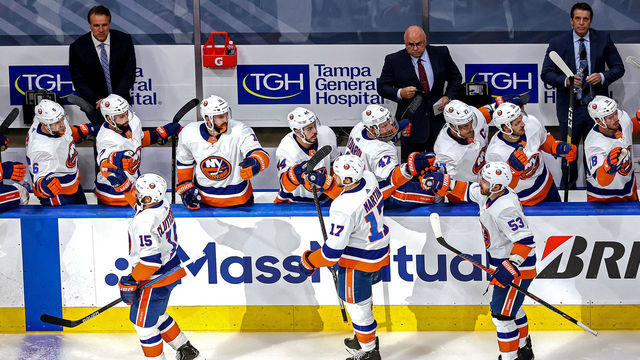 EDMONTON, ALBERTA - SEPTEMBER 09: Matt Martin #17 of the New York Islanders is congratulated by his teammates after scoring a goal against the Tampa Bay Lightning during the first period in Game Two of the Eastern Conference Final during the 2020 NHL Stanley Cup Playoffs at Rogers Place on September 09, 2020 in Edmonton, Alberta, Canada.