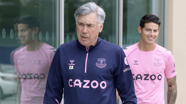 HALEWOOD, ENGLAND - SEPTEMBER 10 (EXCLUSIVE COVERAGE) Carlo Ancelotti (L) and James Rodriguez before the Everton press conference at USM Finch Farm on September 10 2020 in Halewood, England.