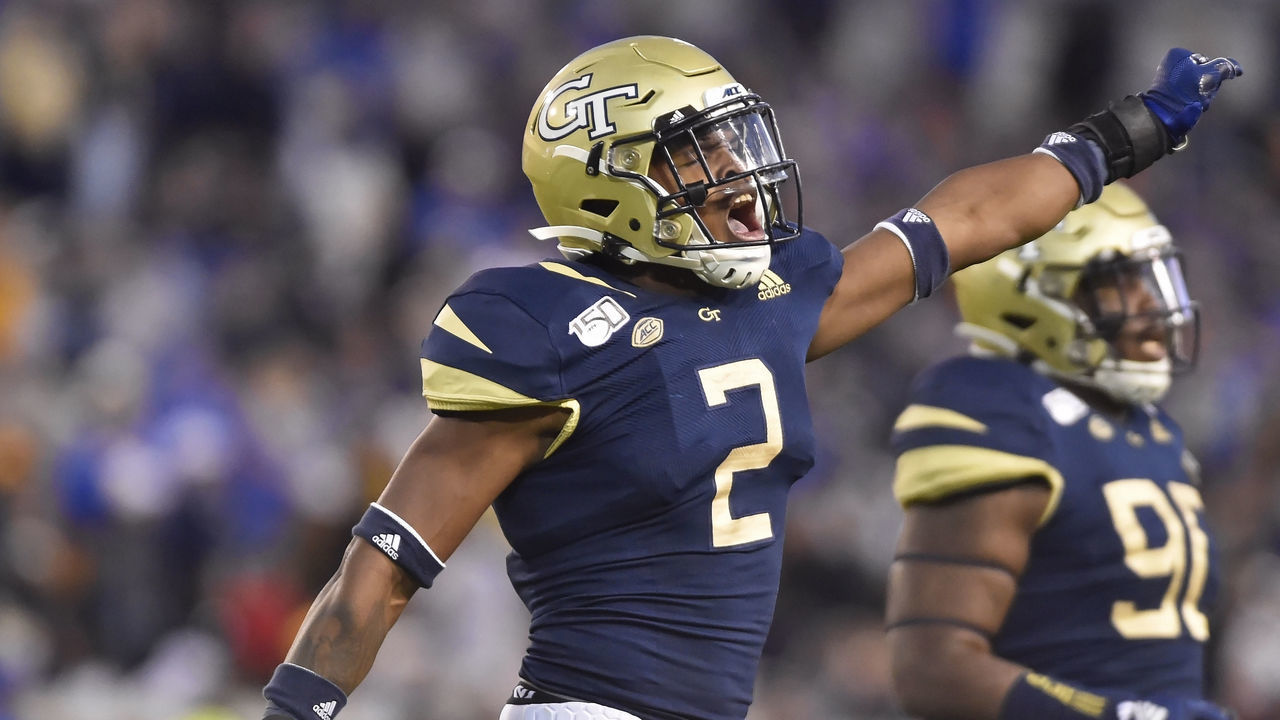 ATLANTA, GA - NOVEMBER 2: Georgia Tech safety Tariq Carpenter celebrates after a missed Pitt field goal during the fourth quarter of an NCAA college football game at Bobby Dodd Stadium.