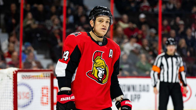 OTTAWA, ON - FEBRUARY 06: Ottawa Senators Defenceman Mark Borowiecki (74) before a face-off during first period National Hockey League action between the Colorado Avalanche and Ottawa Senators on February 6, 2020, at Canadian Tire Centre in Ottawa, ON, Canada.
