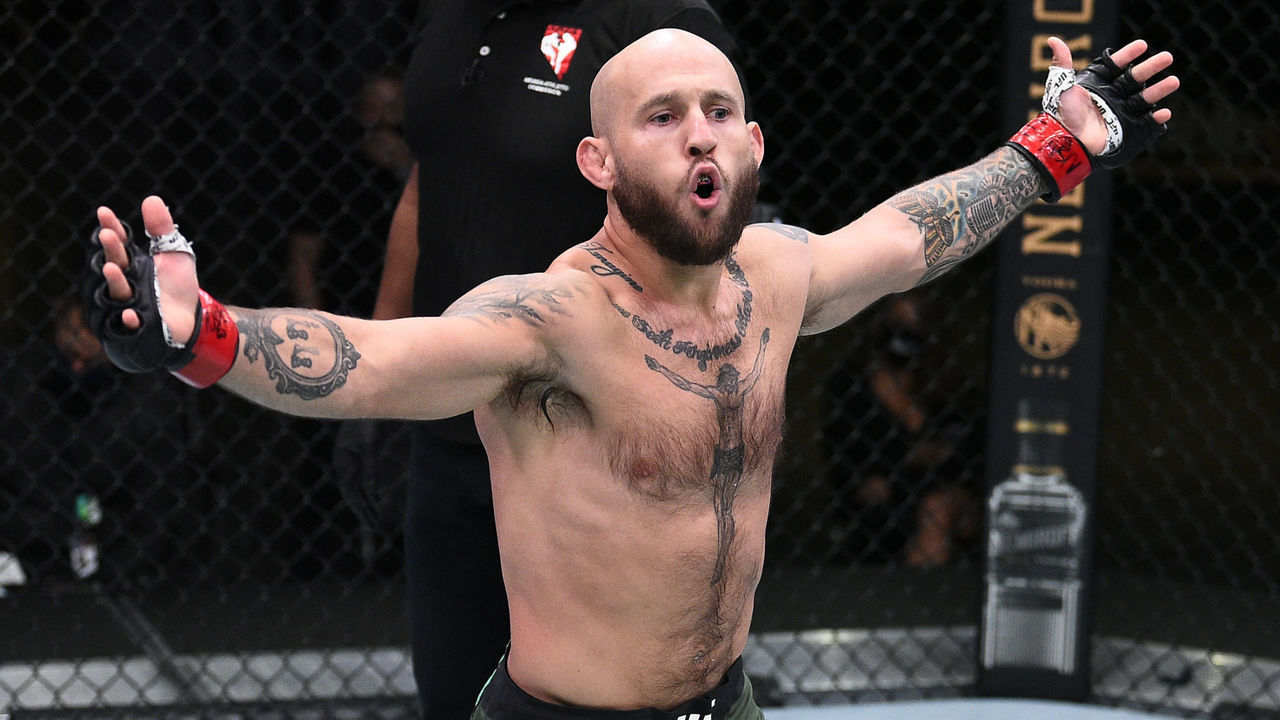 LAS VEGAS, NEVADA - SEPTEMBER 05: Brian Kelleher celebrates after his victory over Ray Rodriguez in a featherweight fight during the UFC Fight Night event at UFC APEX on September 05, 2020 in Las Vegas, Nevada.