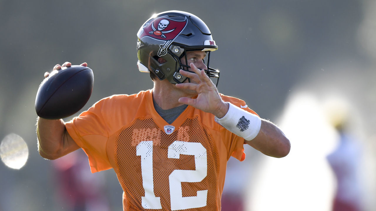 TAMPA, FLORIDA - SEPTEMBER 02: Tom Brady #12 of the Tampa Bay Buccaneers looks to pass the ball during training camp at AdventHealth Training Center on September 02, 2020 in Tampa, Florida.