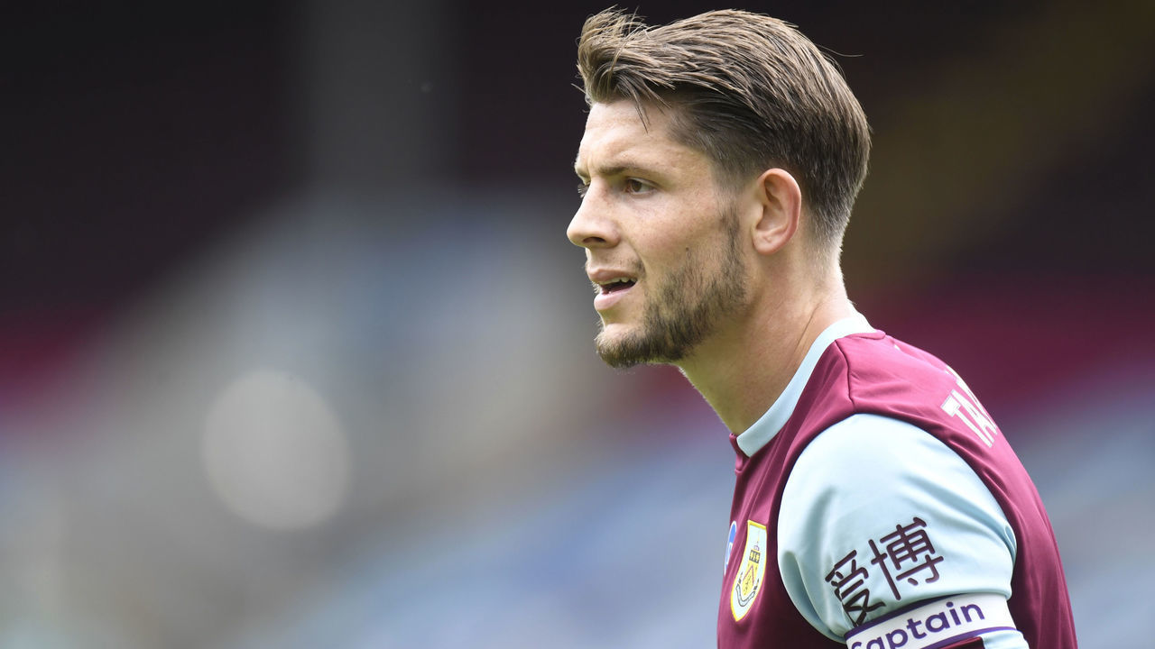 BURNLEY, ENGLAND - JULY 05: James Tarkowski of Burnley looks on during the Premier League match between Burnley FC and Sheffield United at Turf Moor on July 05, 2020 in Burnley, England. Football Stadiums around Europe remain empty due to the Coronavirus Pandemic as Government social distancing laws prohibit fans inside venues resulting in games being played behind closed doors.
