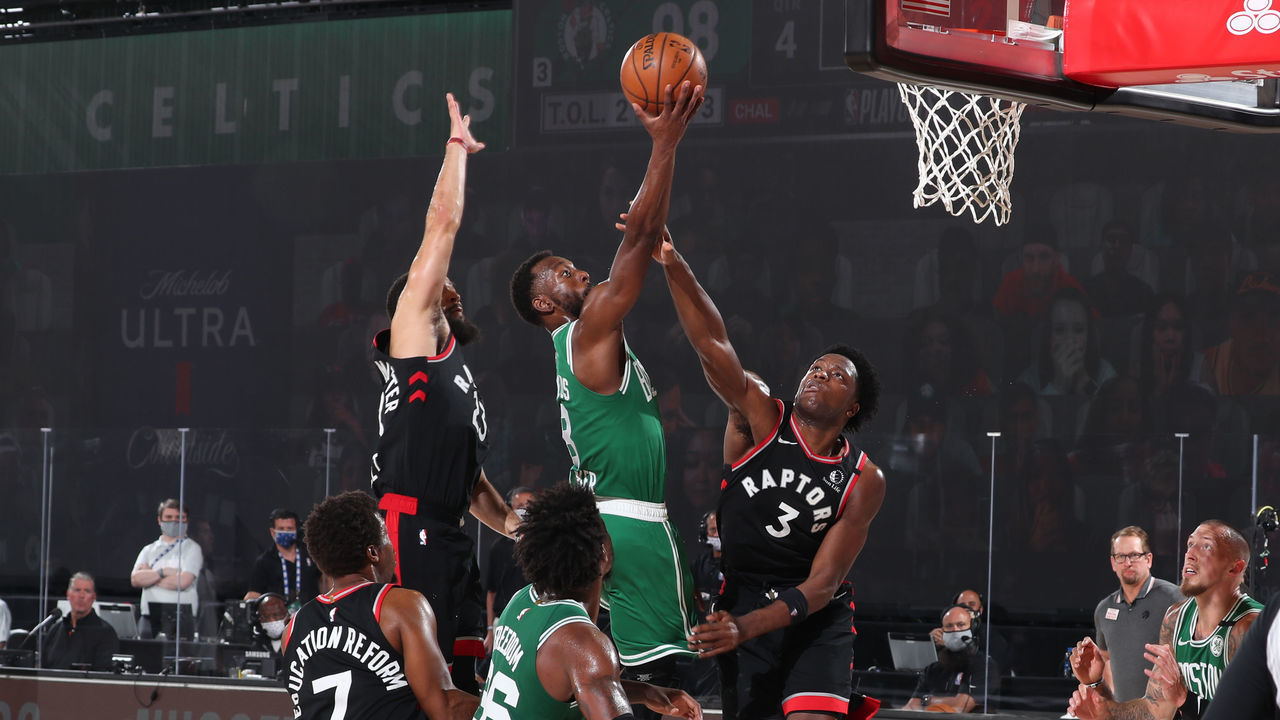 Orlando, FL - SEPTEMBER 9: Kemba Walker #8 of the Boston Celtics shoots the ball against the Toronto Raptors during Game Six of the Eastern Conference Semifinals on September 9, 2020 in Orlando, Florida at The Field House. NOTE TO USER: User expressly acknowledges and agrees that, by downloading and/or using this Photograph, user is consenting to the terms and conditions of the Getty Images License Agreement. Mandatory Copyright Notice: Copyright 2020 NBAE