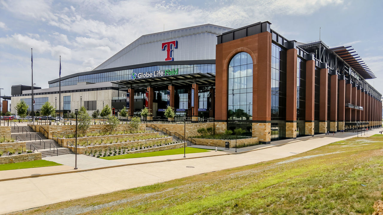 ARLINGTON, TX - JULY 05: A view of the outside of Globe Life Field during day 3 of summer camp workouts for the Texas Rangers on July 05, 2020 at Globe Life Field in Arlington, TX.