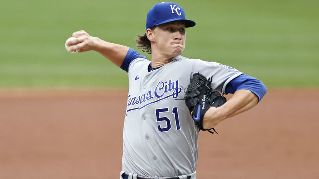CLEVELAND, OH - SEPTEMBER 10: Brady Singer #51 of the Kansas City Royals pitches against the Cleveland Indians during the first inning at Progressive Field on September 10, 2020 in Cleveland, Ohio.