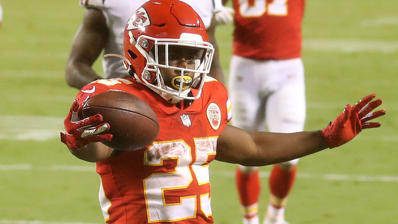 KANSAS CITY, MISSOURI - SEPTEMBER 10: Clyde Edwards-Helaire #25 of the Kansas City Chiefs scores a touchdown against the Houston Texans during the third quarter at Arrowhead Stadium on September 10, 2020 in Kansas City, Missouri.