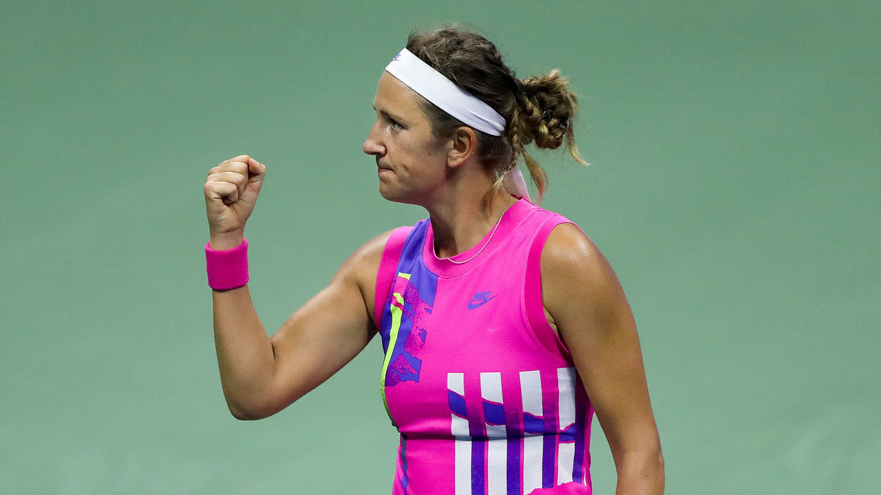NEW YORK, NEW YORK - SEPTEMBER 10: Victoria Azarenka of Belarus celebrates winning the second set during her Women's Singles semifinal match against Serena Williams of the United States on Day Eleven of the 2020 US Open at the USTA Billie Jean King National Tennis Center on September 10, 2020 in the Queens borough of New York City.