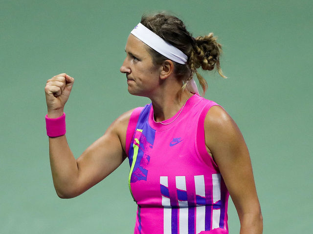 NEW YORK, NEW YORK - SEPTEMBER 10: Victoria Azarenka of Belarus celebrates winning the second set during her Women's Singles semifinal match against Serena Williams of the United States on Day Eleven of the 2020 US Open at the USTA Billie Jean King National Tennis Center on September 10, 2020 in the Queens borough of New York City.