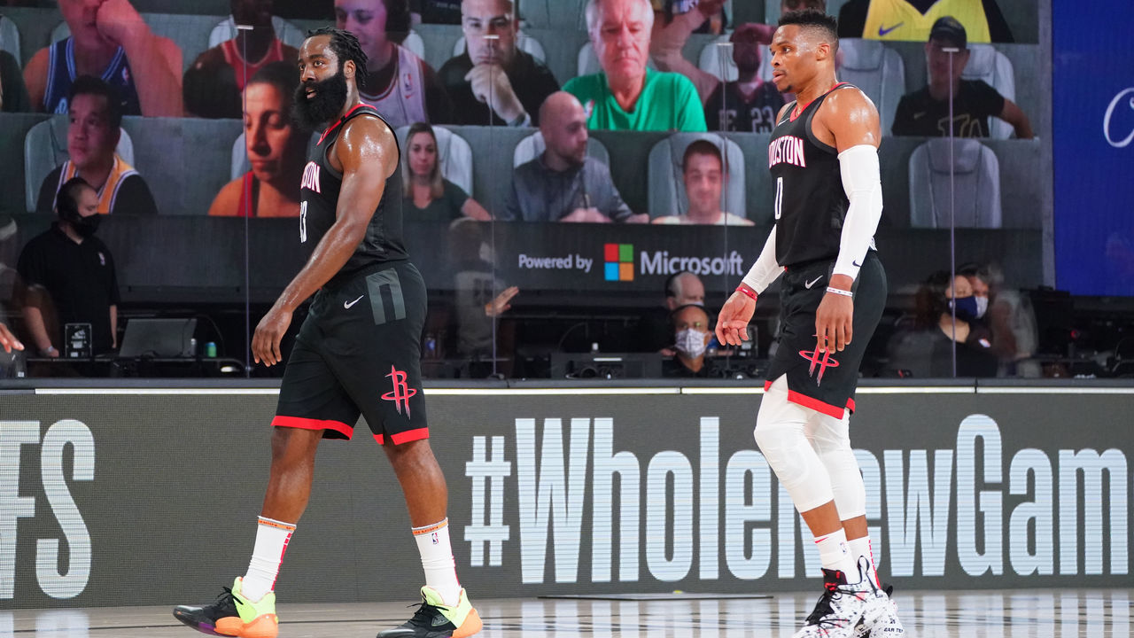 ORLANDO, FL - SEPTEMBER 8: James Harden #13 of the Houston Rockets and Russell Westbrook #0 of the Houston Rockets look on during a game against the Los Angeles Lakers during Round Two, Game Three of the Western Conference Semifinals on September 8, 2020 at the AdventHealth Arena at ESPN Wide World Of Sports Complex in Orlando, Florida. NOTE TO USER: User expressly acknowledges and agrees that, by downloading and/or using this Photograph, user is consenting to the terms and conditions of the Getty Images License Agreement. Mandatory Copyright Notice: Copyright 2020 NBAE