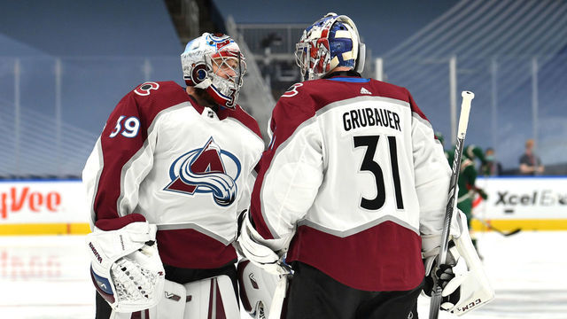 EDMONTON, ALBERTA - JULY 29: Goaltenders Pavel Francouz #39 and Philipp Grubauer #31 of the Colorado Avalanche talk during warm ups before the exhibition game against the Minnesota Wild prior to the 2020 NHL Stanley Cup Playoffs at Rogers Place on July 29, 2020 in Edmonton, Alberta.