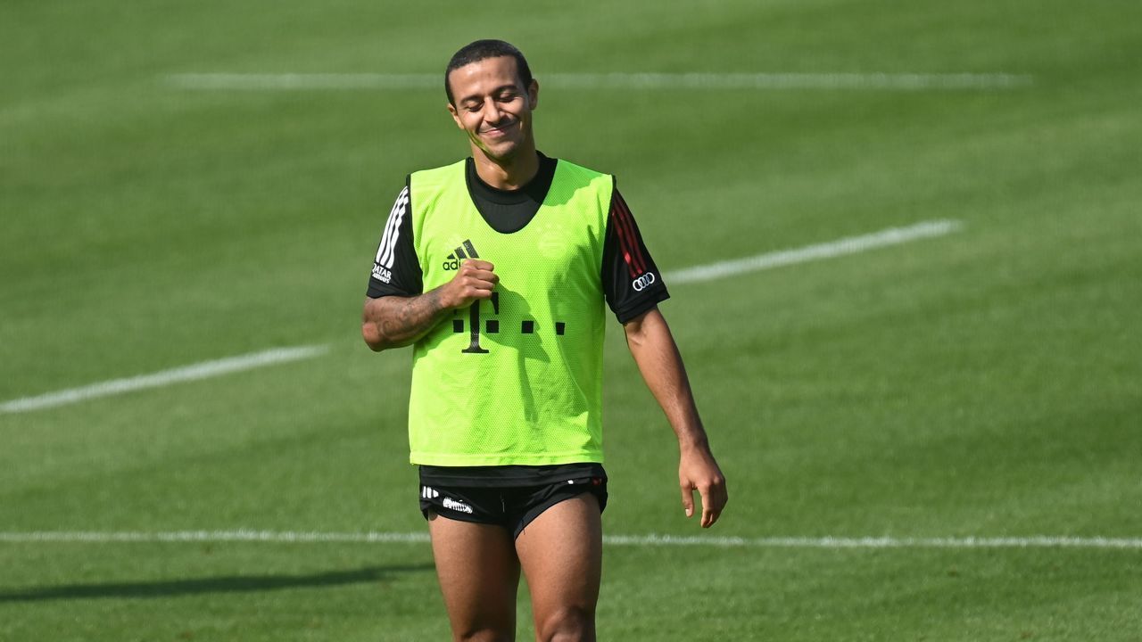 Bayern Munich's Spanish midfielder Thiago Alcantara smiles during the first season training session of the German first division Bundesliga team FC Bayern Munich at the team trainings ground in Munich, southern Germany, on September 11, 2020.