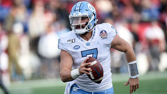 ANNAPOLIS, MD - DECEMBER 27: Sam Howell #7 of the North Carolina Tar Heels rushes the ball against the Temple Owls in the Military Bowl Presented by Northrop Grumman at Navy-Marine Corps Memorial Stadium on December 27, 2019 in Annapolis, Maryland.