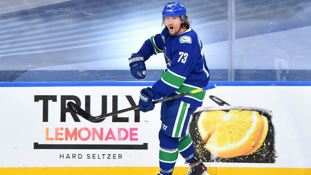 EDMONTON, ALBERTA - AUGUST 30: Tyler Toffoli #73 of the Vancouver Canucks reacts after scoring in the second period of Game Four of the Western Conference Second Round of the 2020 NHL Stanley Cup Playoff between the Vegas Golden Knights and the Vancouver Canucks at Rogers Place on August 30, 2020 in Edmonton, Alberta.