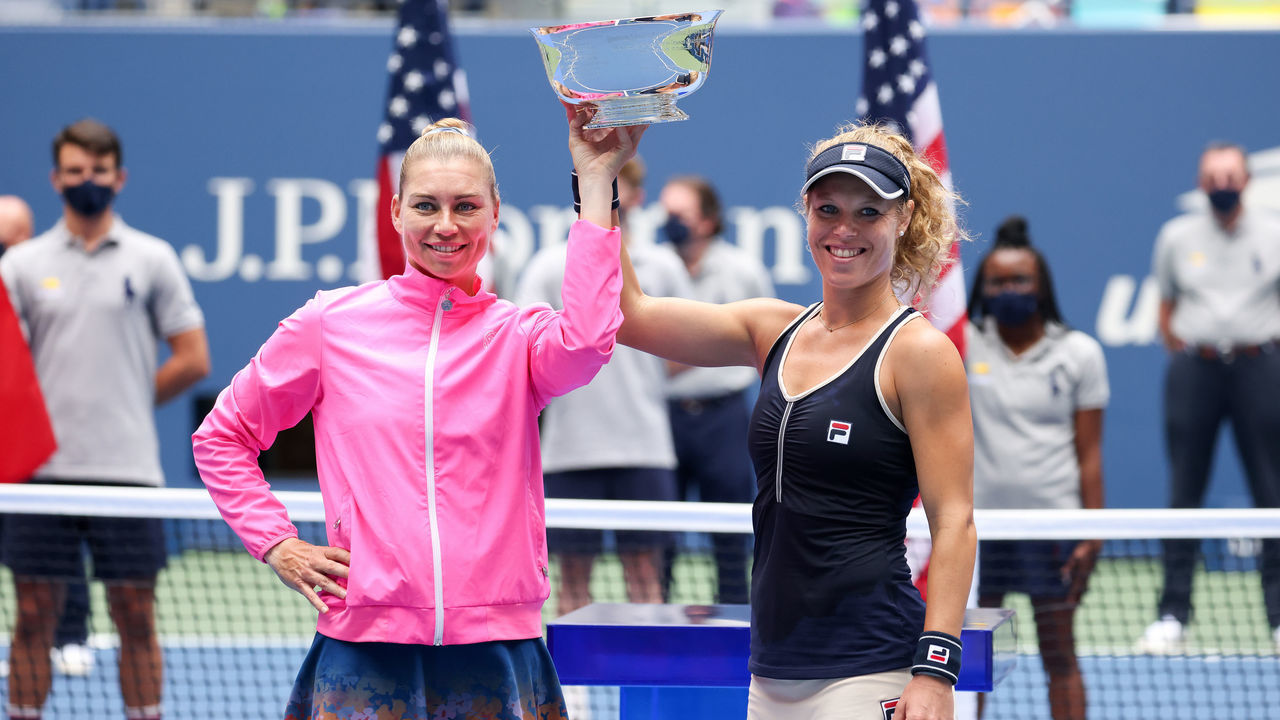 NEW YORK, NEW YORK - SEPTEMBER 11: (L-R) Vera Zvonareva of Russia and Laura Siegemund of Germany celebrate winning their Women's Doubles final match against Nicole Melichar of the United States and Yifan Xu of China on Day Twelve of the 2020 US Open at the USTA Billie Jean King National Tennis Center on September 11, 2020 in the Queens borough of New York City.