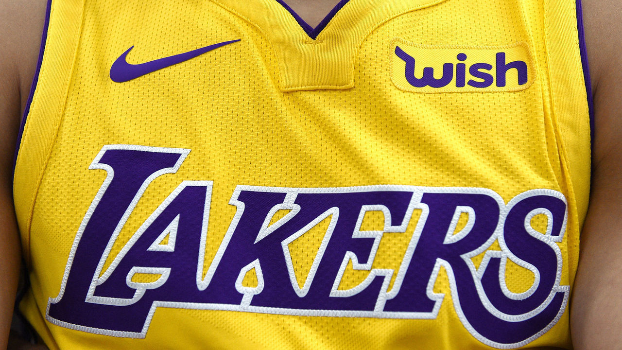 EL SEGUNDO, CA - SEPTEMBER 25: The new Los Angeles Lakers Nike jersey with the sponsor logo "Wish" on the left chest is seen during media day September 25, 2017, in El Segundo, California. NOTE TO USER: User expressly acknowledges and agrees that, by downloading and/or using this photograph, user is consenting to the terms and conditions of the Getty Images License Agreement.
