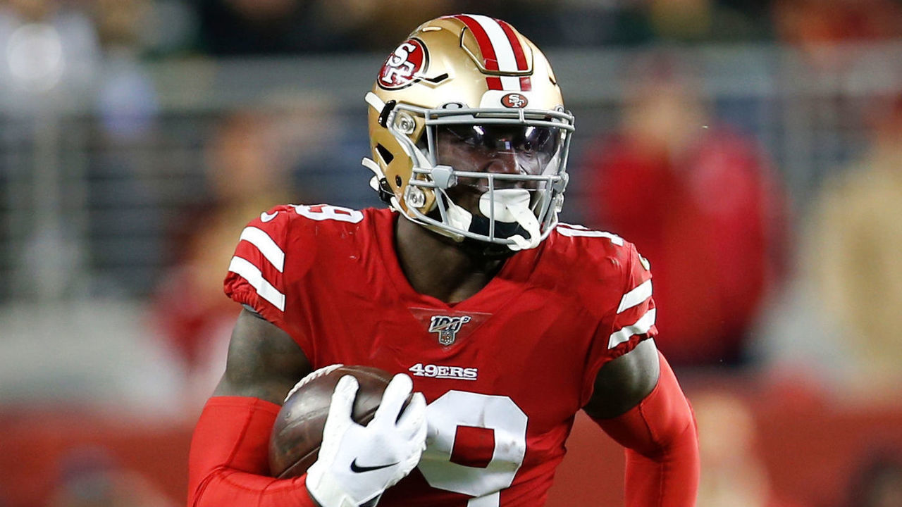 SANTA CLARA, CA - JANUARY 19: Deebo Samuel #19 of the San Francisco 49ers runs after making a reception during the game against the Green Bay Packers at Levi's Stadium on January 19, 2020 in Santa Clara, California. The 49ers defeated the Packers 37-20.