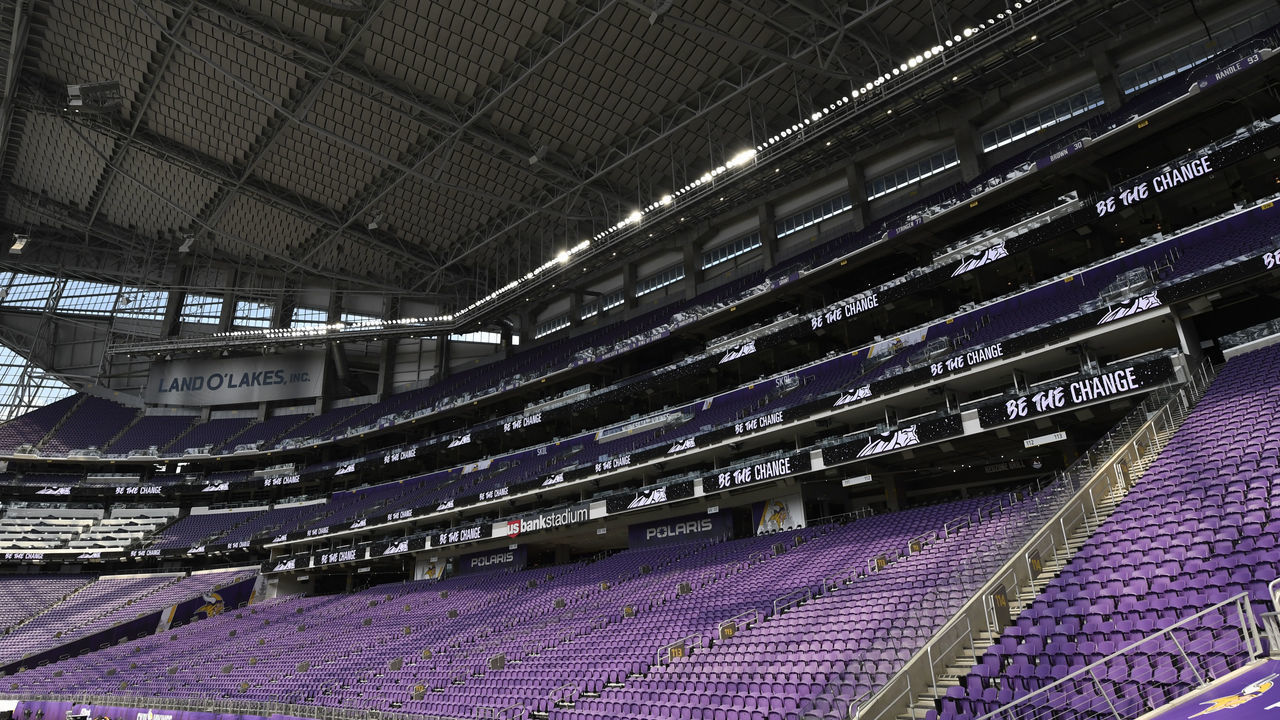 MINNEAPOLIS, MINNESOTA - AUGUST 28: Be The Change is seen on the video board at U.S. Bank Stadium as players address the media regarding police violence and race inequalities during training camp on August 28, 2020 in Minneapolis, Minnesota.