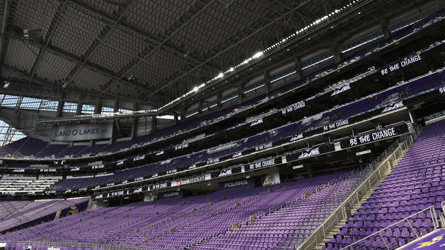 MINNEAPOLIS, MINNESOTA - AUGUST 28: Be The Change is seen on the video board at U.S. Bank Stadium as players address the media regarding police violence and race inequalities during training camp on August 28, 2020 in Minneapolis, Minnesota.