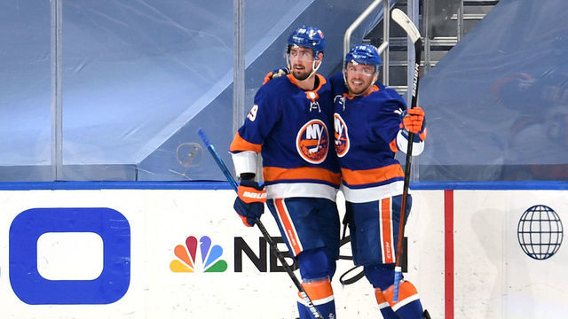 EDMONTON, ALBERTA - SEPTEMBER 11: Anthony Beauvillier #18 of the New York Islanders celebrates with Brock Nelson #29 after Beauvillier scored in the second period of Game Three of the Eastern Conference Final of the 2020 NHL Stanley Cup Playoffs between the Tampa Bay Lightning and the New York Islanders at Rogers Place on September 11, 2020 in Edmonton, Alberta.
