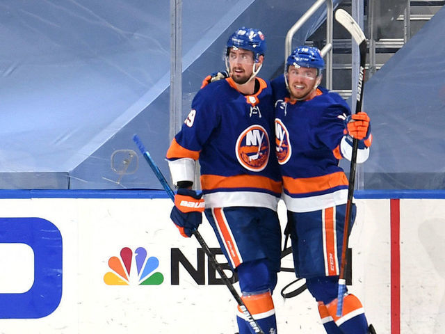 EDMONTON, ALBERTA - SEPTEMBER 11: Anthony Beauvillier #18 of the New York Islanders celebrates with Brock Nelson #29 after Beauvillier scored in the second period of Game Three of the Eastern Conference Final of the 2020 NHL Stanley Cup Playoffs between the Tampa Bay Lightning and the New York Islanders at Rogers Place on September 11, 2020 in Edmonton, Alberta.