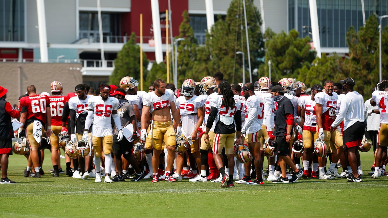 SANTA CLARA, CA - AUGUST 18: The San Francisco 49ers come together during training camp at the SAP Performance Facility on August 18, 2020 in Santa Clara, California.