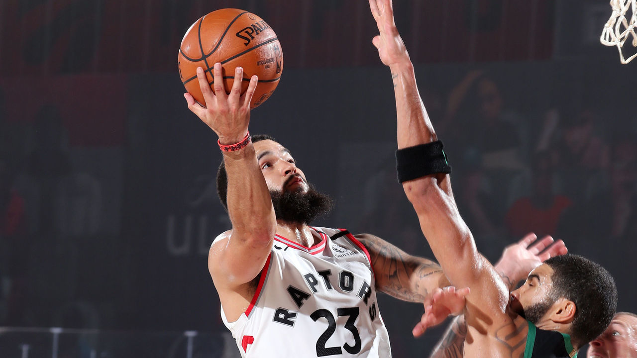 ORLANDO, FL - SEPTEMBER 11: Fred VanVleet #23 of the Toronto Raptors drives to the basket during the game against the Boston Celtics during Game Seven of the Eastern Conference Semifinals of the NBA Playoffs on September 11, 2020 at The AdventHealth Arena at ESPN Wide World Of Sports Complex in Orlando, Florida. NOTE TO USER: User expressly acknowledges and agrees that, by downloading and/or using this Photograph, user is consenting to the terms and conditions of the Getty Images License Agreement. Mandatory Copyright Notice: Copyright 2020 NBAE