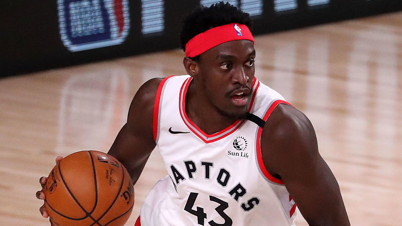 LAKE BUENA VISTA, FLORIDA - SEPTEMBER 11: Pascal Siakam #43 of the Toronto Raptors dribbles the ball during the first quarter against the Boston Celtics in Game Seven of the Eastern Conference Second Round during the 2020 NBA Playoffs at AdventHealth Arena at the ESPN Wide World Of Sports Complex on September 11, 2020 in Lake Buena Vista, Florida.