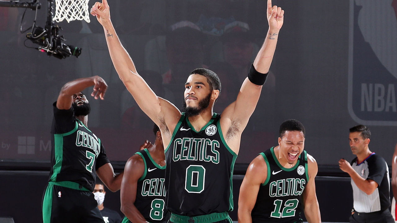 ORLANDO, FL - SEPTEMBER 11: Jayson Tatum #0 of the Boston Celtics reacts to a play during the game against the Toronto Raptors during Game Seven of the Eastern Conference Semifinals of the NBA Playoffs on September 11, 2020 at The AdventHealth Arena at ESPN Wide World Of Sports Complex in Orlando, Florida. NOTE TO USER: User expressly acknowledges and agrees that, by downloading and/or using this Photograph, user is consenting to the terms and conditions of the Getty Images License Agreement. Mandatory Copyright Notice: Copyright 2020 NBAE