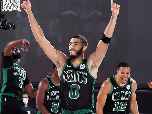 ORLANDO, FL - SEPTEMBER 11: Jayson Tatum #0 of the Boston Celtics reacts to a play during the game against the Toronto Raptors during Game Seven of the Eastern Conference Semifinals of the NBA Playoffs on September 11, 2020 at The AdventHealth Arena at ESPN Wide World Of Sports Complex in Orlando, Florida. NOTE TO USER: User expressly acknowledges and agrees that, by downloading and/or using this Photograph, user is consenting to the terms and conditions of the Getty Images License Agreement. Mandatory Copyright Notice: Copyright 2020 NBAE