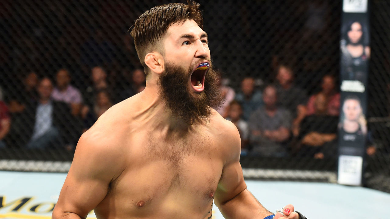 LINCOLN, NE - AUGUST 25: Bryan Barberena celebrates after his TKO victory over Jake Ellenberger in their welterweight fight during the UFC Fight Night event at Pinnacle Bank Arena on August 25, 2018 in Lincoln, Nebraska.