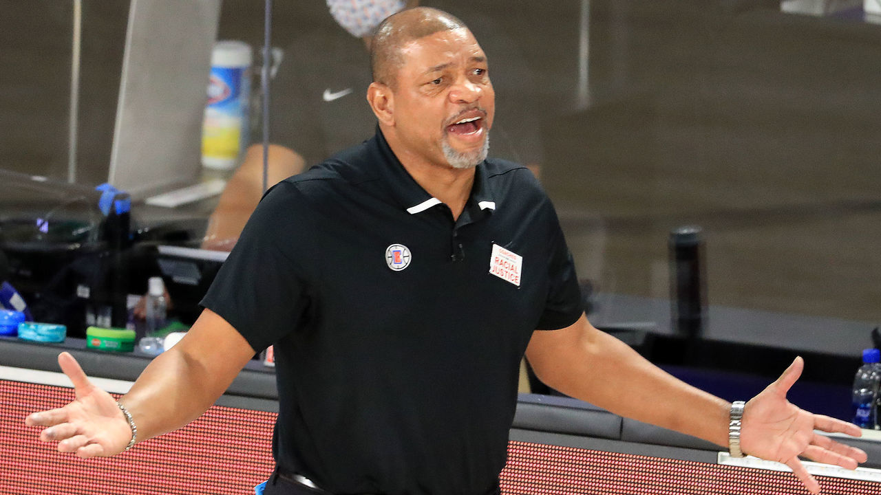 LAKE BUENA VISTA, FLORIDA - SEPTEMBER 11: Doc Rivers of the LA Clippers reacts during the third quarter against the Denver Nuggets in Game Five of the Western Conference Second Round during the 2020 NBA Playoffs at The Field House at the ESPN Wide World Of Sports Complex on September 11, 2020 in Lake Buena Vista, Florida.