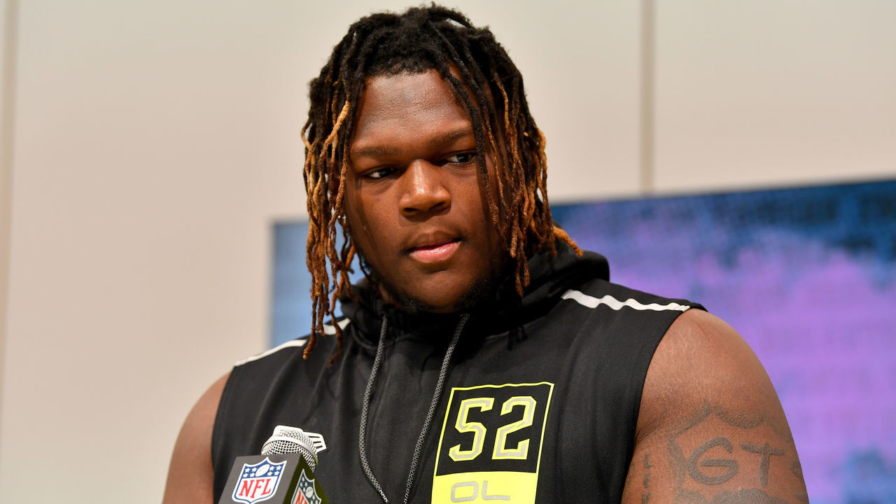 INDIANAPOLIS, INDIANA - FEBRUARY 26: Isaiah Wilson #OL52 of Georgia interviews during the second day of the 2020 NFL Scouting Combine at Lucas Oil Stadium on February 26, 2020 in Indianapolis, Indiana.