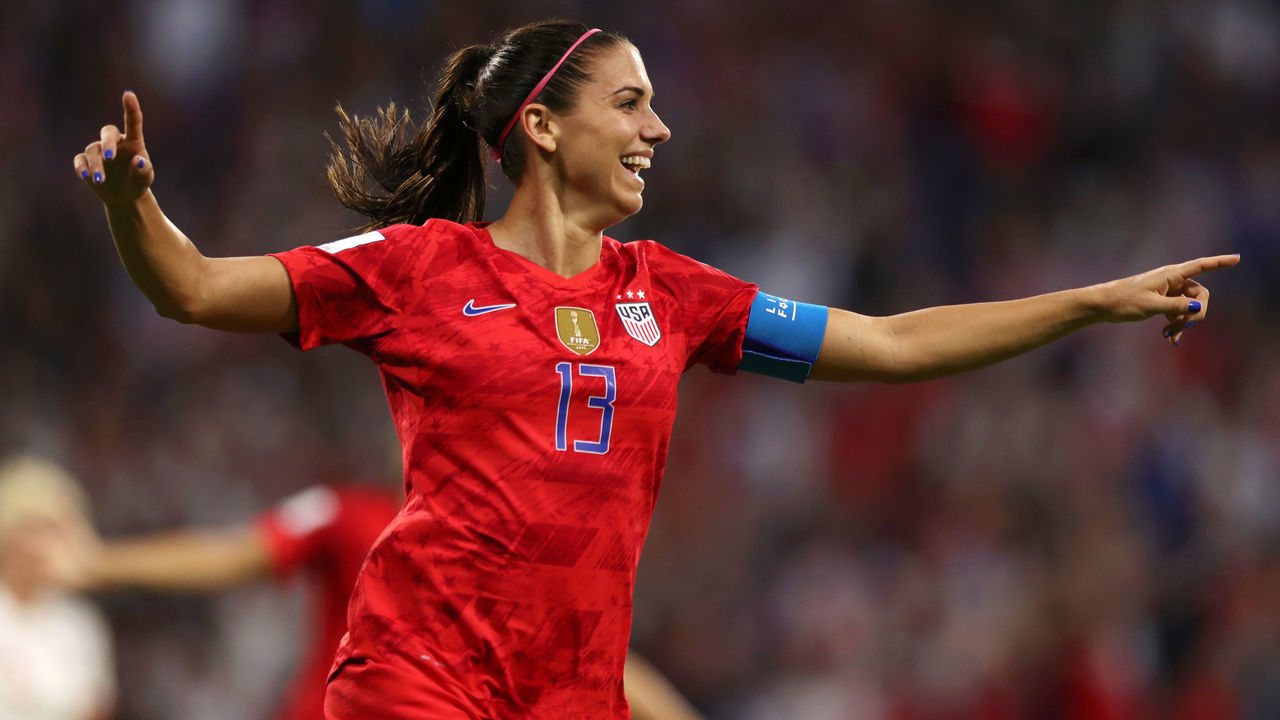 LYON, FRANCE - JULY 02: Alex Morgan of the USA celebrates after scoring her team's second goal during the 2019 FIFA Women's World Cup France Semi Final match between England and USA at Stade de Lyon on July 02, 2019 in Lyon, France.