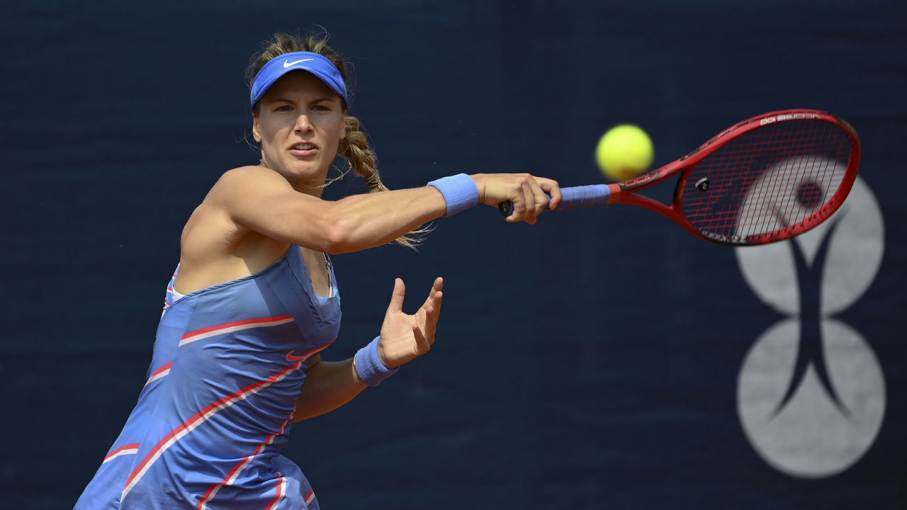 PRAGUE, CZECH REPUBLIC - AUGUST 14: Eugenie Bouchard of Canada competes in her Women's Singles Quarter Final match against Elise Mertens of Belgium during the WTA Prague Open tennis tournament at TK Sparta Praha on August 14, 2020 in Prague, Czech Republic.