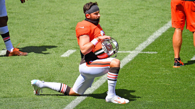 CLEVELAND, OHIO - AUGUST 30: Quarterback Baker Mayfield #6 of the Cleveland Browns works out during training camp at FirstEnergy Stadium on August 30, 2020 in Cleveland, Ohio.