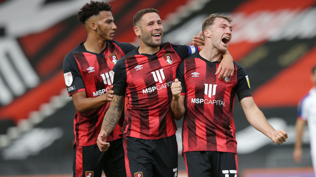 BOURNEMOUTH, ENGLAND - SEPTEMBER 12: Lloyd Kelly and Steve Cook congratulates Jack Stacey of Bournemouth after he scores a goal to make it 1-0 during the Sky Bet Championship match between AFC Bournemouth and Blackburn Rovers at Vitality Stadium on September 12, 2020 in Bournemouth, England.