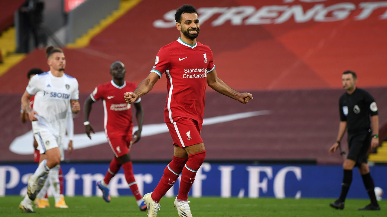 LIVERPOOL, ENGLAND - SEPTEMBER 12: Mohamed Salah of Liverpool celebrates after scoring his team's fourth goal during the Premier League match between Liverpool and Leeds United at Anfield on September 12, 2020 in Liverpool, England.