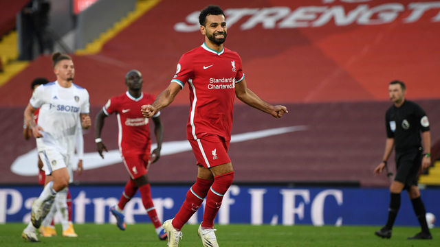 LIVERPOOL, ENGLAND - SEPTEMBER 12: Mohamed Salah of Liverpool celebrates after scoring his team's fourth goal during the Premier League match between Liverpool and Leeds United at Anfield on September 12, 2020 in Liverpool, England.