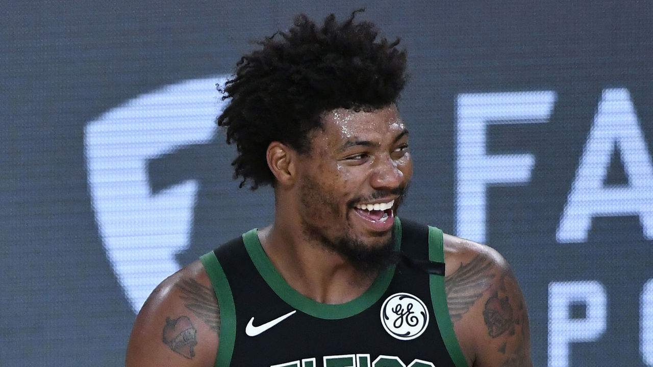Orlando, FL - SEPTEMBER 11: Marcus Smart #36 of the Boston Celtics smiles during the game against the Toronto Raptors during Game Seven of the Eastern Conference Semifinals on September 11, 2020 in Orlando, Florida at AdventHealth Arena. NOTE TO USER: User expressly acknowledges and agrees that, by downloading and/or using this Photograph, user is consenting to the terms and conditions of the Getty Images License Agreement. Mandatory Copyright Notice: Copyright 2020 NBAE