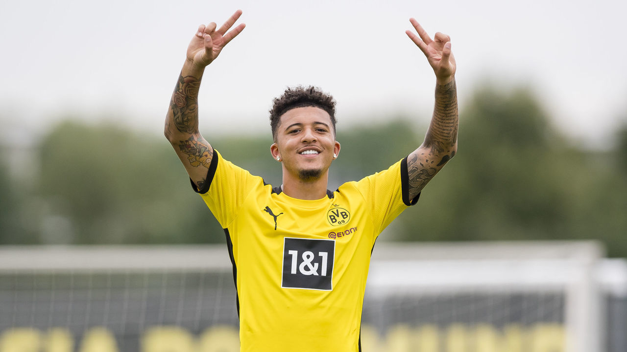 DORTMUND, GERMANY - AUGUST 21: Jadon Sancho of Borussia Dortmund reacts during a training session on August 21, 2020 in Dortmund, Germany.