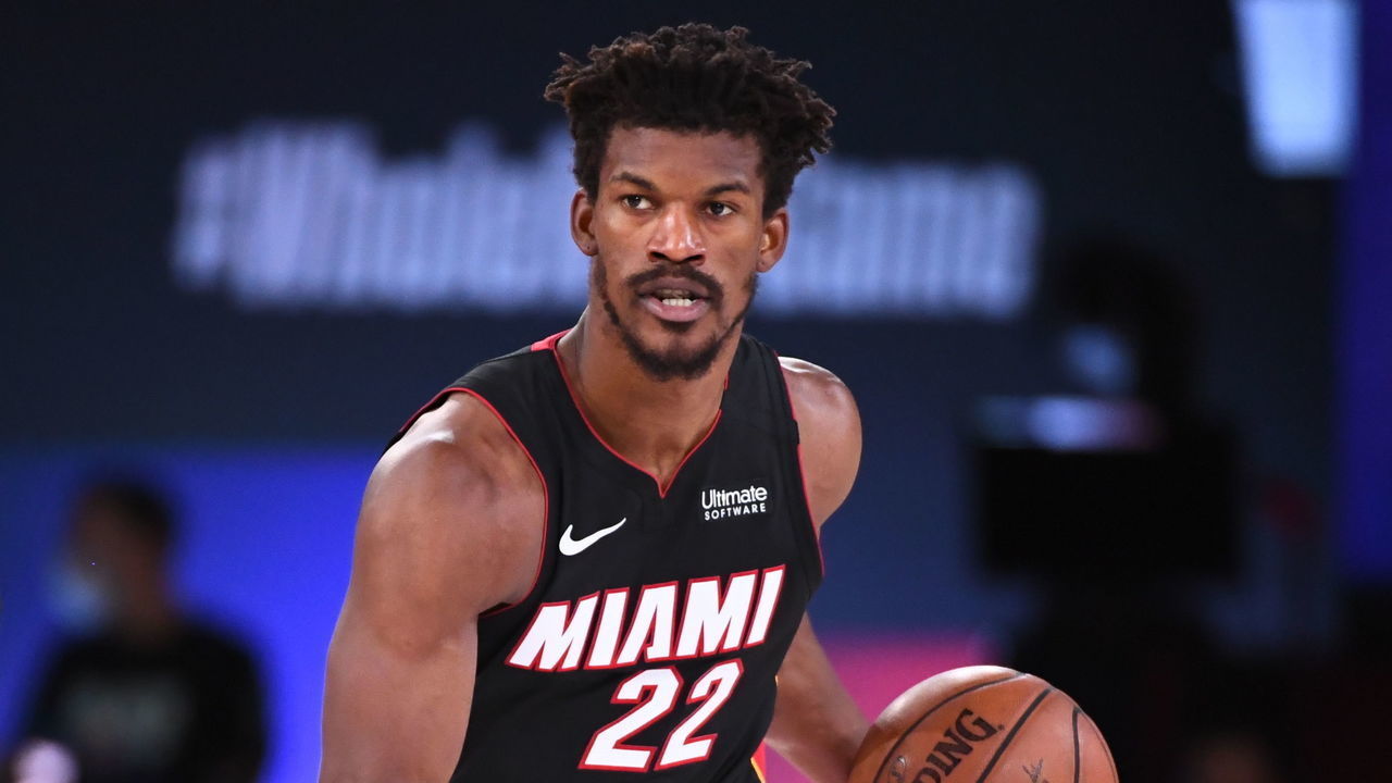 ORLANDO, FL - SEPTEMBER 6: Jimmy Butler #22 of the Miami Heat handles the ball during the game against the Milwaukee Bucks during Game Four of the Eastern Conference Semifinals of the NBA Playoffs on September 6, 2020 at The AdventHealth Arena at ESPN Wide World Of Sports Complex in Orlando, Florida. NOTE TO USER: User expressly acknowledges and agrees that, by downloading and/or using this Photograph, user is consenting to the terms and conditions of the Getty Images License Agreement. Mandatory Copyright Notice: Copyright 2020 NBAE