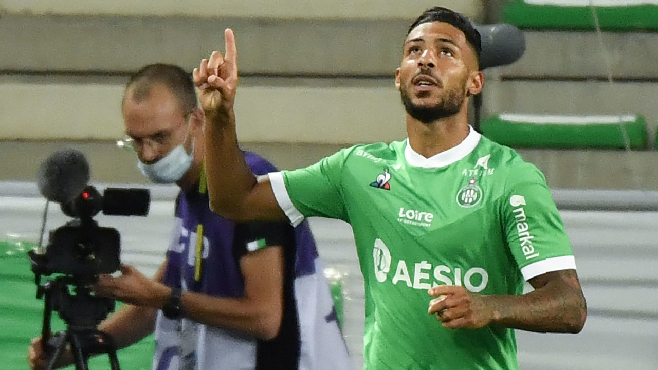 Saint-Etienne's Gabonese forward Denis Bouanga celebrates after scoring a goal during the French L1 football match between AS Saint-Etienne and RCSA Strasbourg on September 12, 2020, at the Geoffroy Guichard in Saint-Etienne, central France.